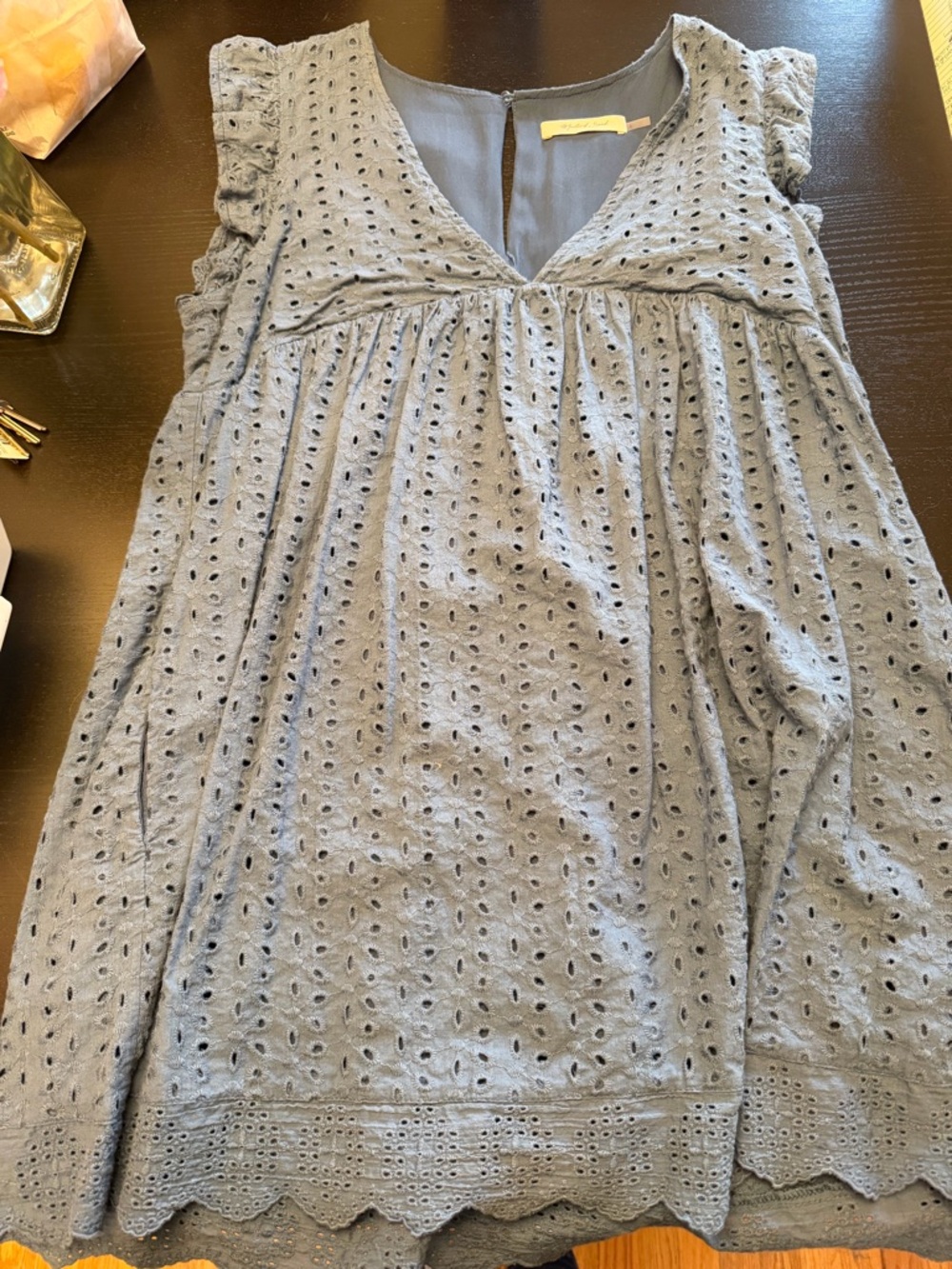 Mustard Seed Blue Eyelet V-Neck Flutter Sleeve Tunic